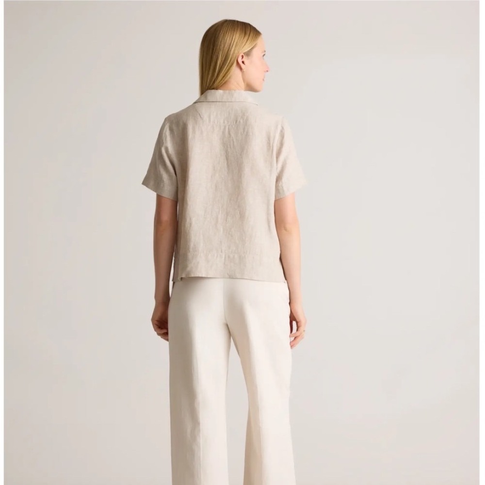Quince Womens 100% European Linen Short Sleeve Camp Collar Shirt Beige Small - Picture 2 of 11